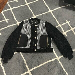 7 For All Mankind Black and White Mixed Media Sherpa Jacket